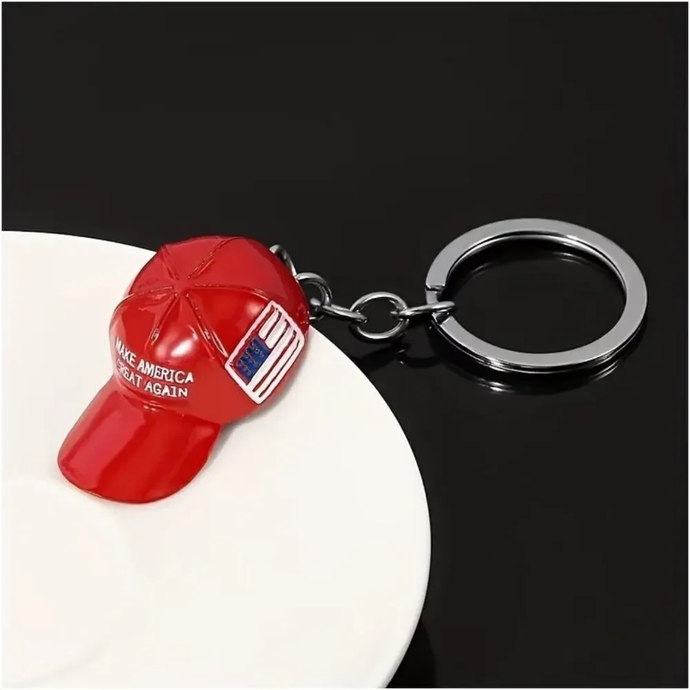 NWT Baseball Cap Keychain Metal Key Chain American Flag Red MAGA NWT